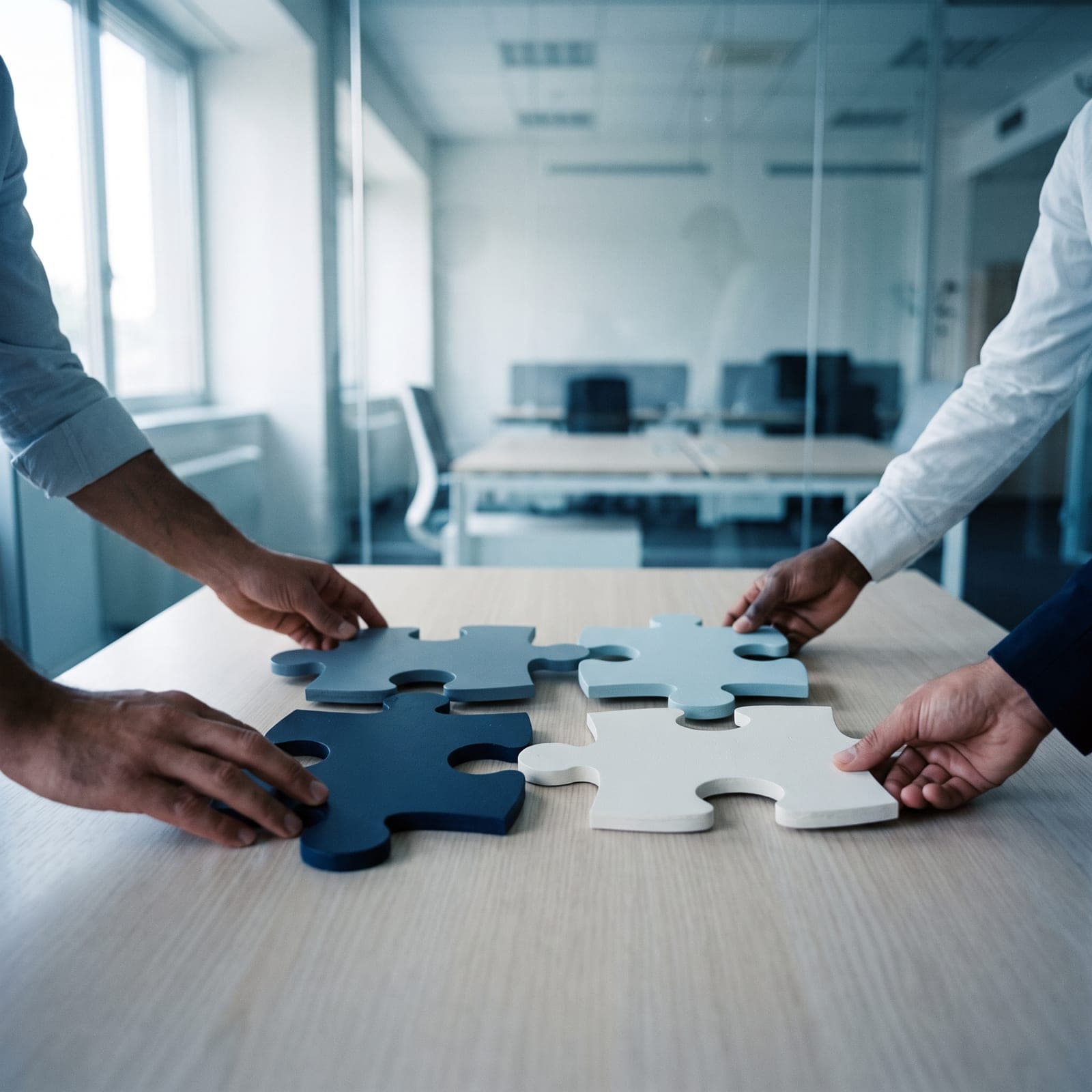 Quattro mani uniscono quattro pezzi di puzzle nei toni del blu